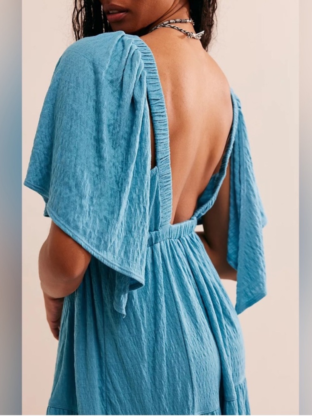 Free People Beach La La Maxi Dress Tiered Flutter Sleeve Teal Blue Green Size S - Picture 13 of 13